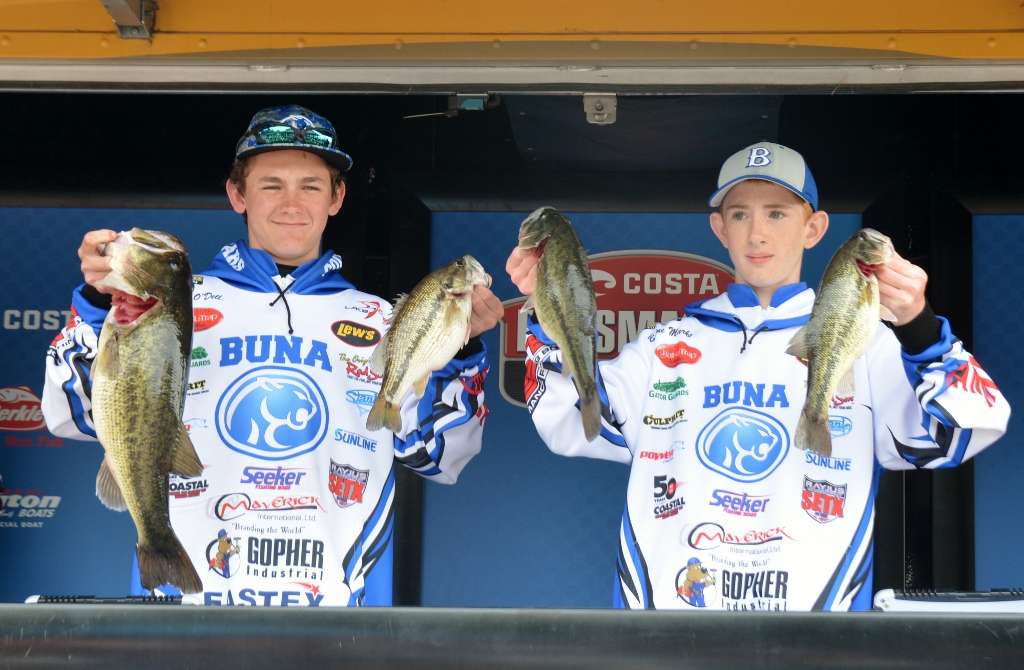 Logan O'Dell and Blaine Marks scored a narrow victory with five bass that weighed 17-12. They're seventh-graders at Buna High School in Texas.