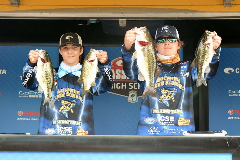 Levi Areno and Casey Trosclair of Louisiana's Sulphur High School caught 12-12, using Electric Chicken Bass Assassins. They finished ninth.