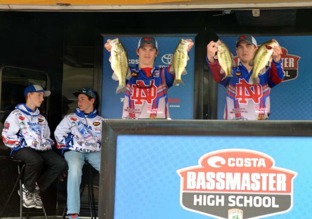 Chris Matthews and Cole Ward of Louisiana's North Desoto High School show off part of their 13-pound catch with O'Dell and Marks sitting in the background on the 