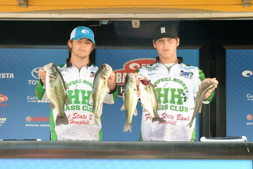 Tyler Meeks and Garrett Ferguson Hemphill High School in Texas caught five bass that weighed 11 pounds and placed 13th.