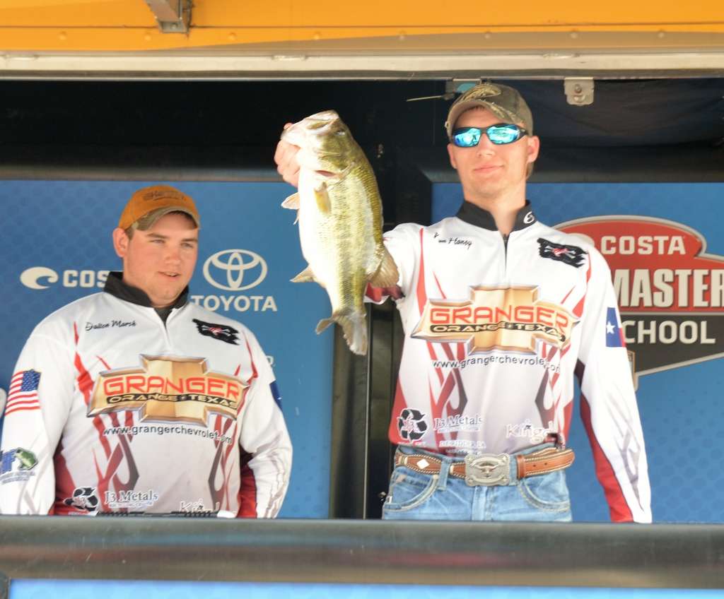 Nolan Haney and Dalton Henry, right, of Deweyville High School in Texas caught a nice largemouth that weighed 5-5.