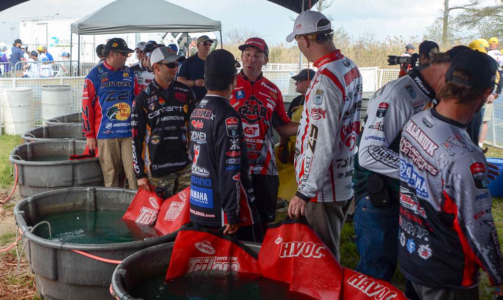 The anglers are lined up as the weigh-in gets going. 