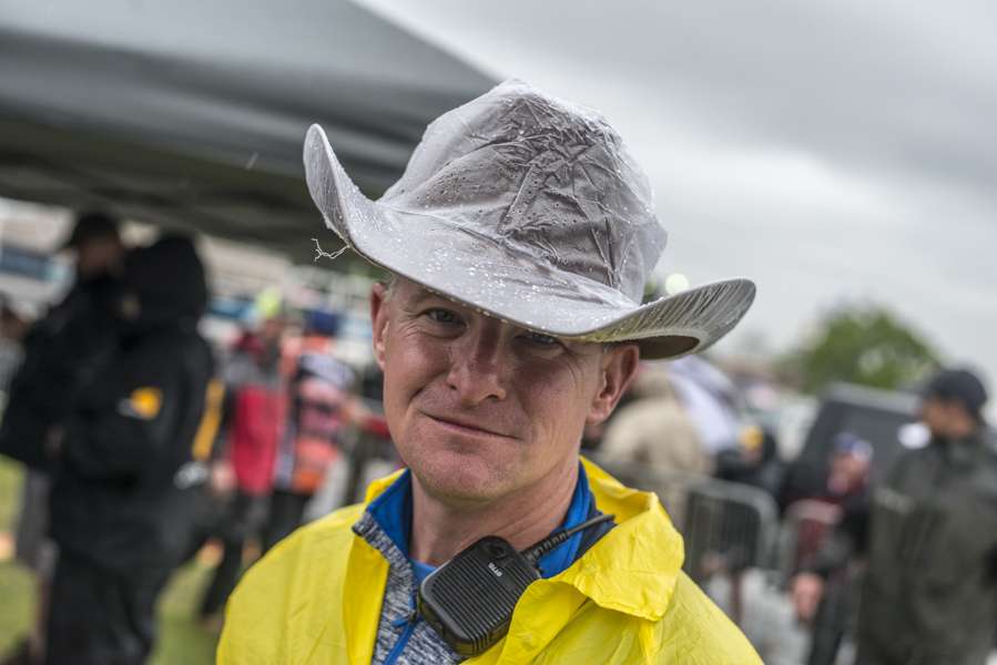 In Texas, hats like these are common on both visitors and natives, but the rain cover is the mark of a local, seasoned, and prepared cowboy. This is David Jones, head of Gopher Industrial, and an important guy in bringing the Bassmaster Series to Orange. 