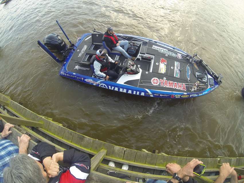 Dean Rojas, who led Day 1 of the Bassmaster Classic and did well at the 2013 event on the Sabine River, heads out.
