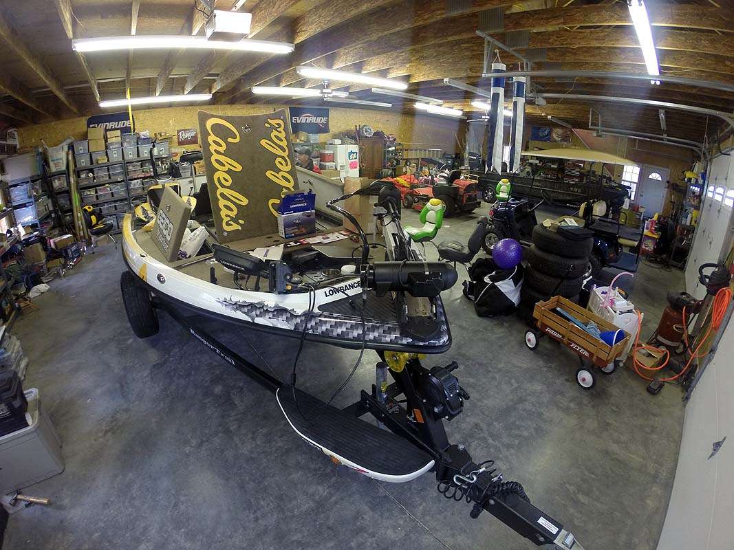 At 2,160 square feet this man cave houses everything a tournament angler needs and then some. Parked in the back is a fully rigged Ranger aluminum model. Shelves of tackle surround a work in progress inside his tournament rig. That changed with Walker's trip to the 2015 GEICO Bassmaster Classic presented by GoPro.