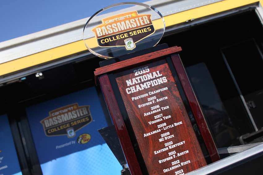The big daddy of them all when it comes to collegiate bass fishing, the National Champions trophy on display. 