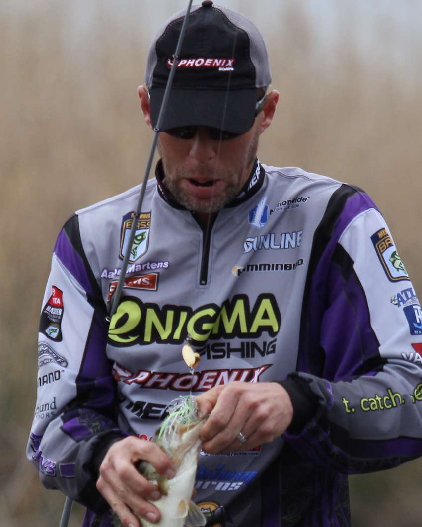Judging by Aaron's face, he's unhappy with how this bass messed up his spinnerbait. 