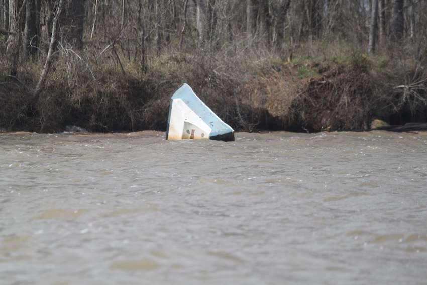 There's plenty of cover on the Red River. This partially sunken boat offers a little cover to the roaming largemouth. 