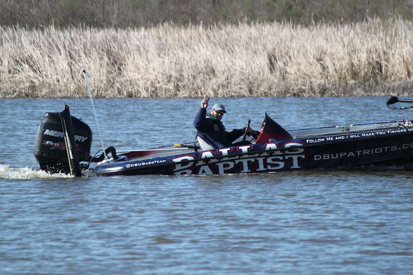 I thought Dallas Baptist angler Dakota Jones was signaling that he had 2 fish, but he was just putting peaceful vibes out there. 