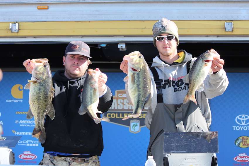 Dwight Camp and Jonathan Furlong of Southeastern Oklahoma University rallied on Day 2 to bring in the Bass Pro Nitro Big Bag weighing 17-8. They also took the lead with a two-day total of 19-12.
