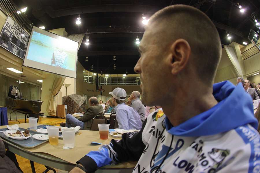 Just before taking the stage to speak, Randy Howell along with the rest of those in attendance viewed a summary video of his Bassmaster Classic championship performance from the final day on Lake Guntersville. 