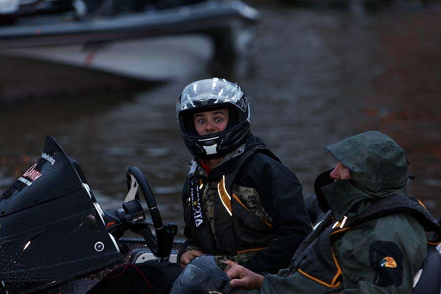 Matt Lee eyes a long run in the rain on Ross Barnett. He likes this snowmobile helmet for its insulation and durability. 