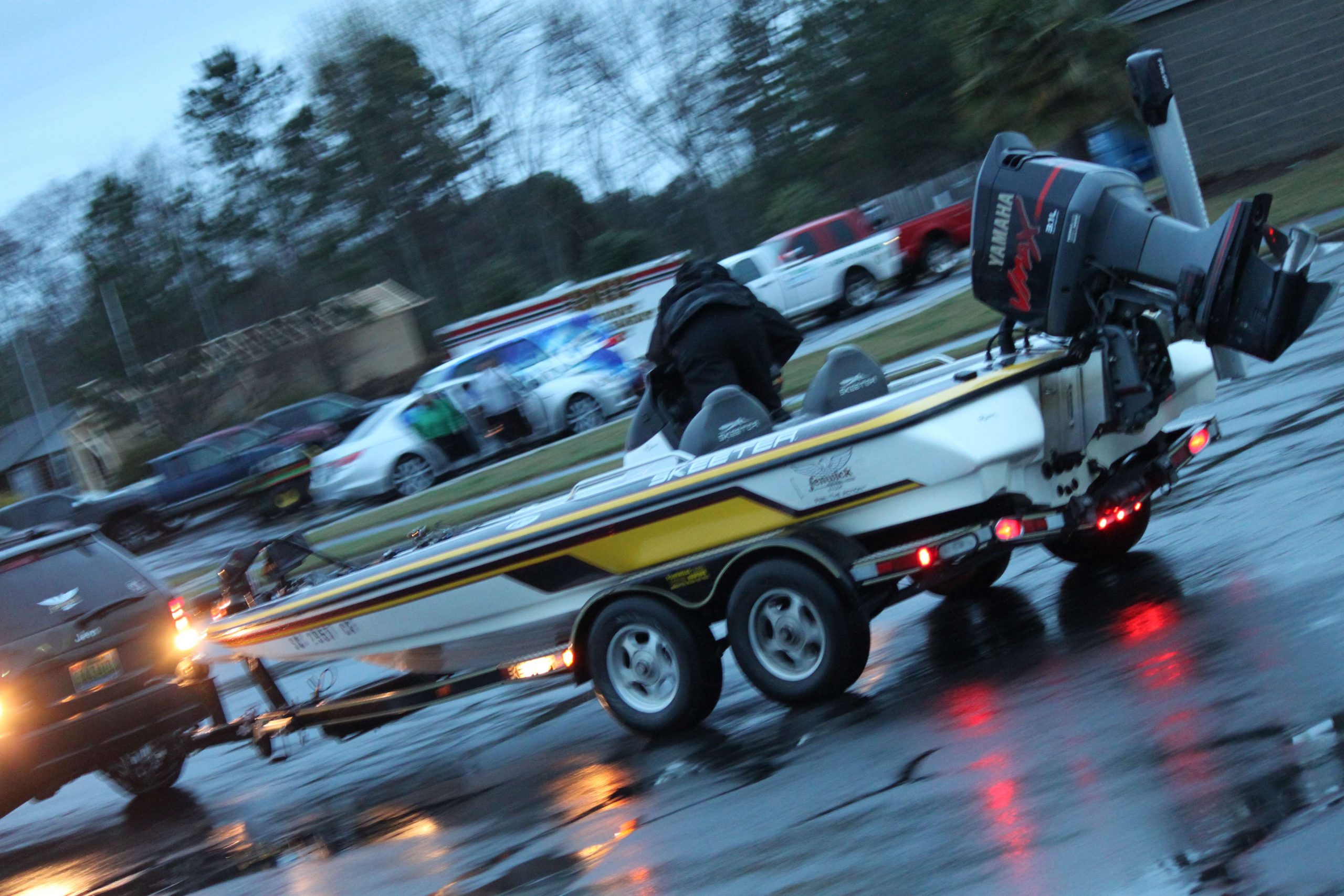 The parking area gets busy as more than 100 boats arrive for Day 2 of the Carhartt College Eastern Regional.