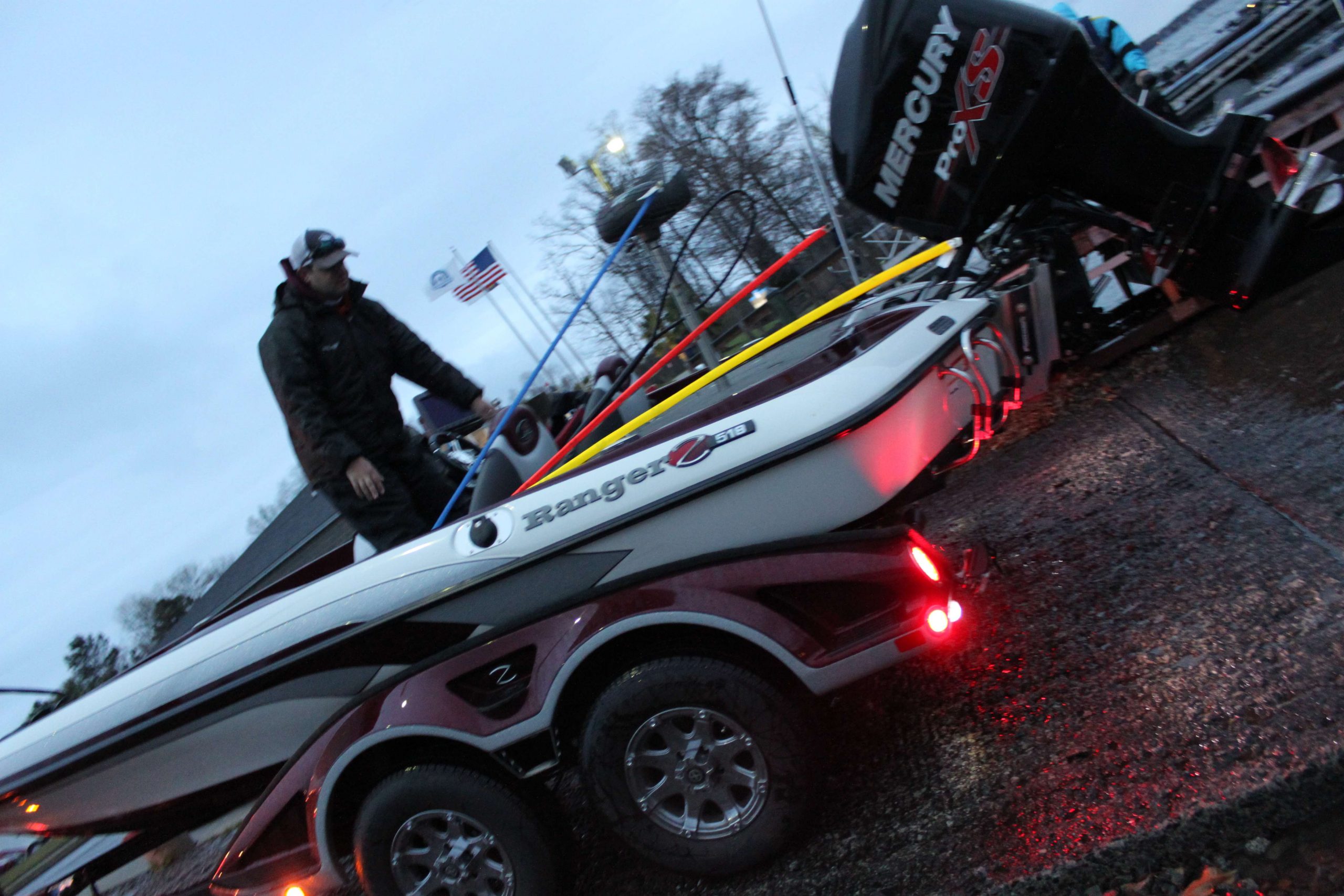 More boats arrive and get ready for a chilly, wet day of fishing.