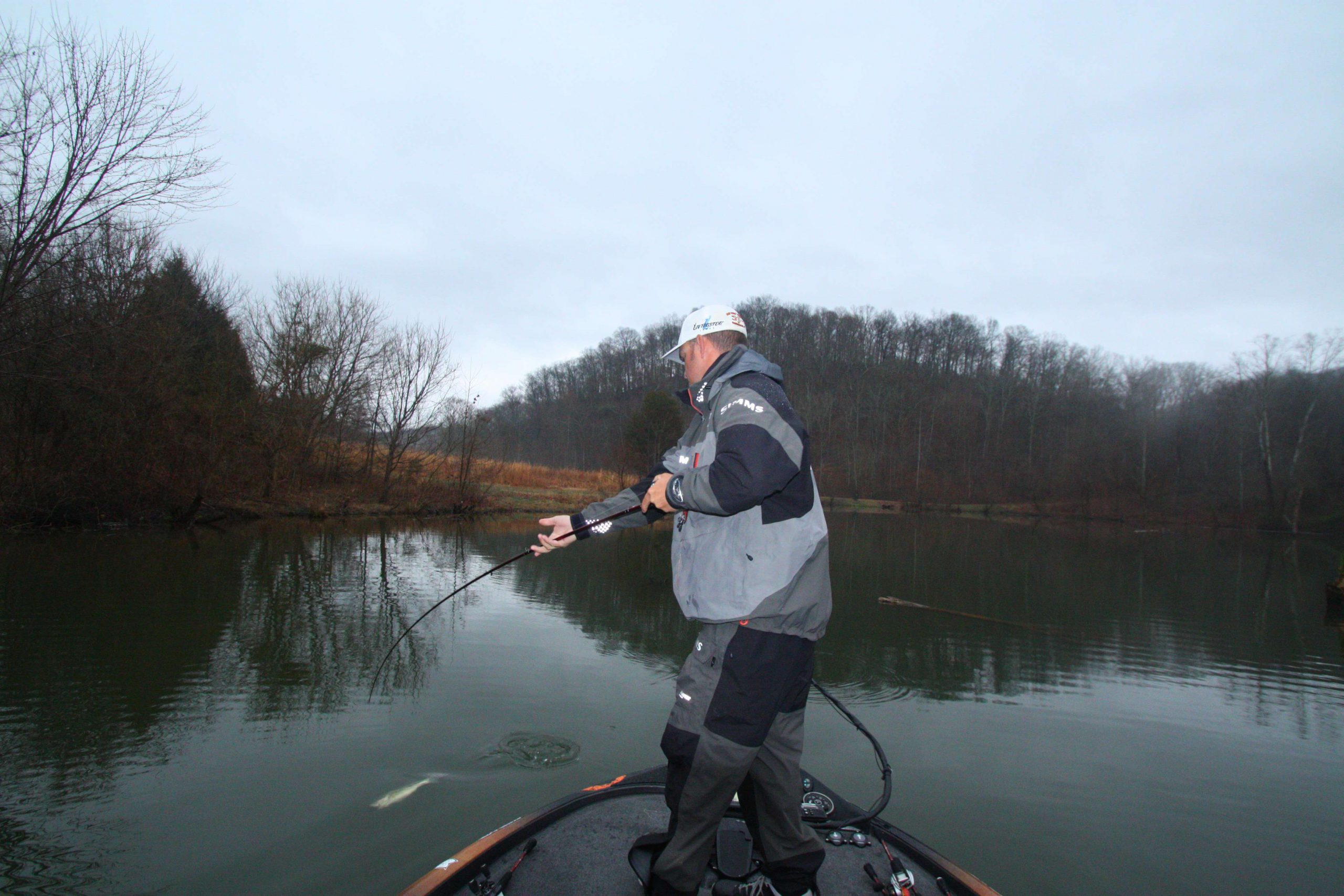 7:52 a.m. Cherry hooks a keeper bass off the side of a main-lake point on a jerkbait.