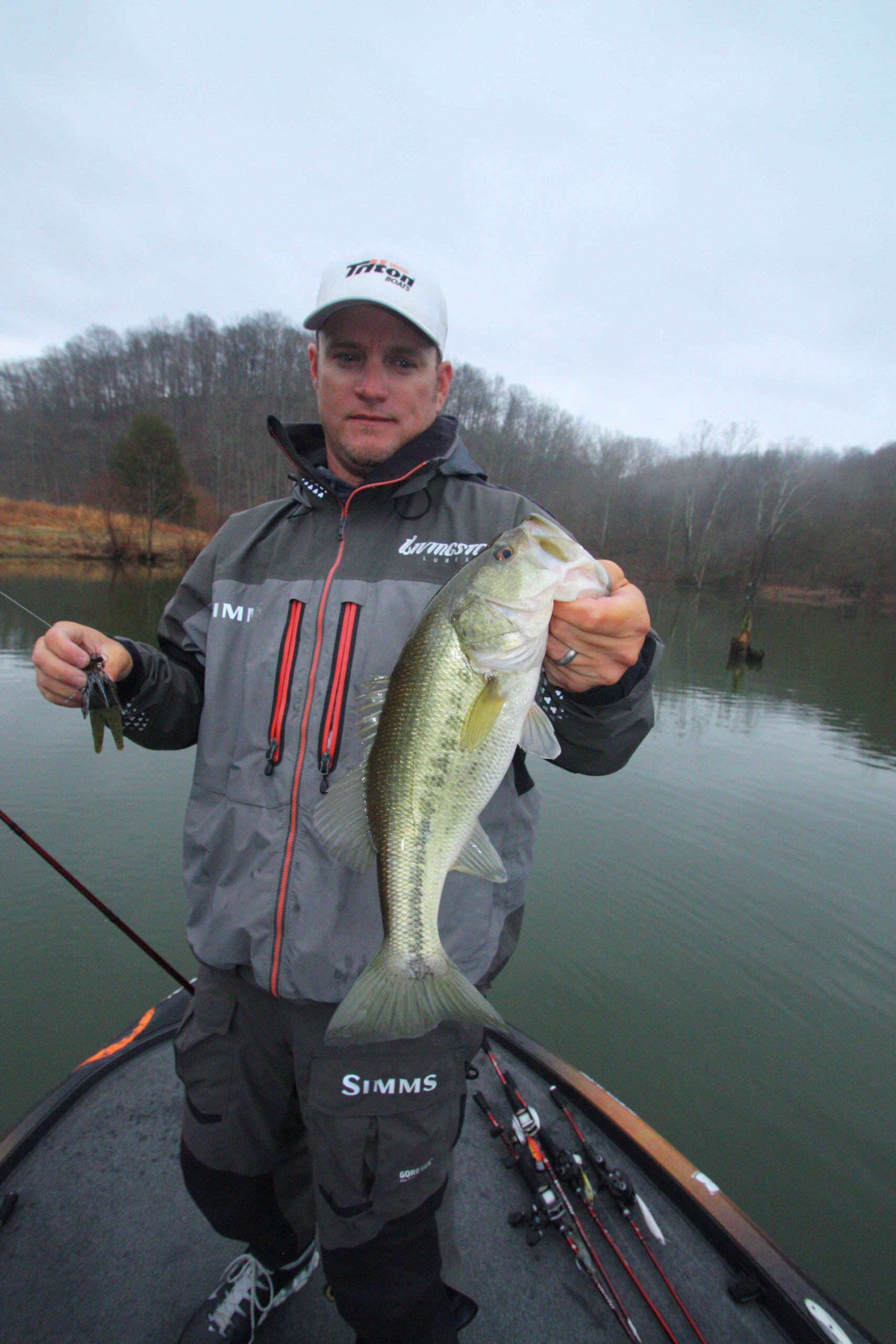 8:16 a.m. Cherry catches a 2-pound, 3-ounce largemouth off a laydown tree on a jig.