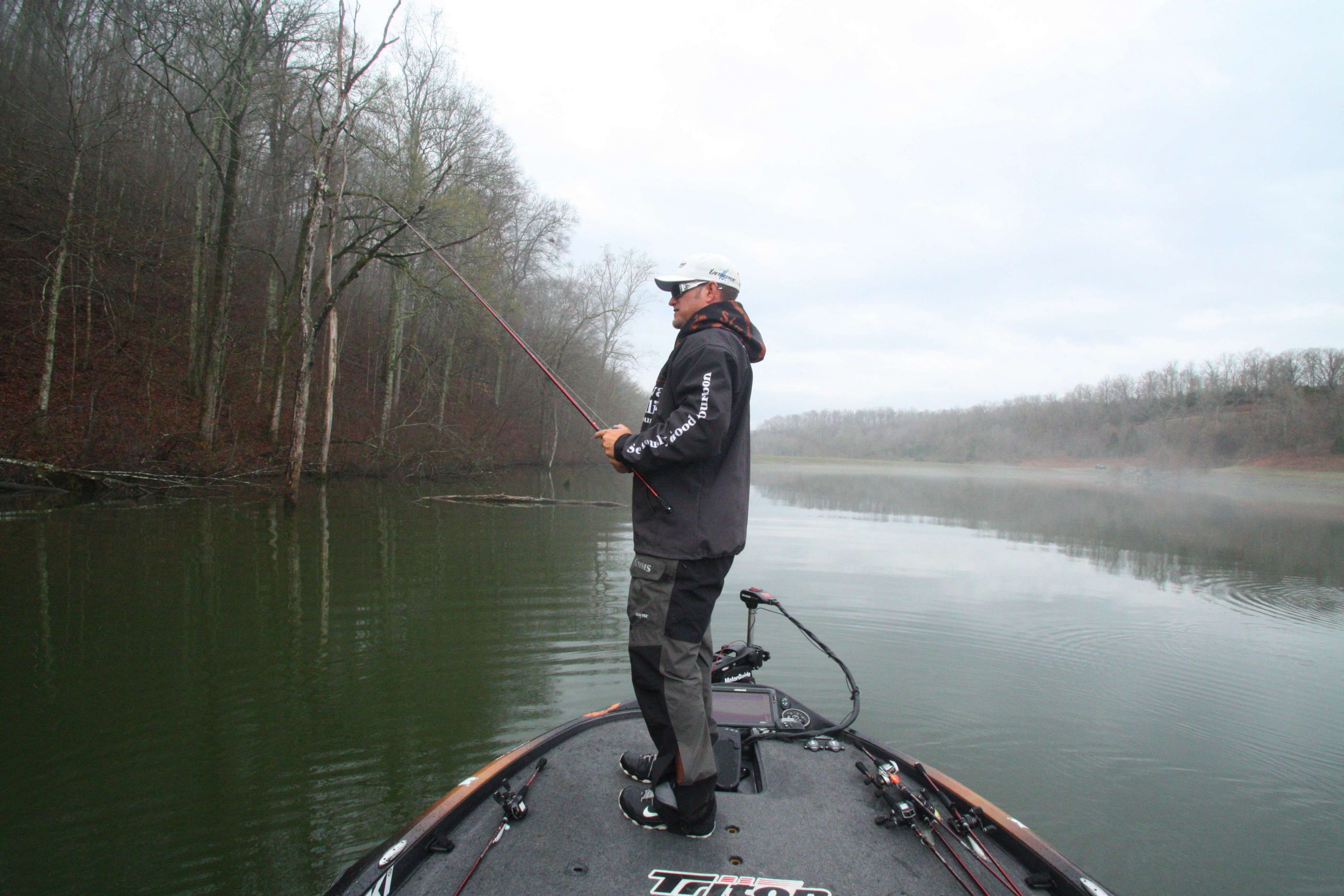 8:38 a.m. As Lake H begins to fog over, Cherry moves to a deep channel bank lined with laydown and standing timber.