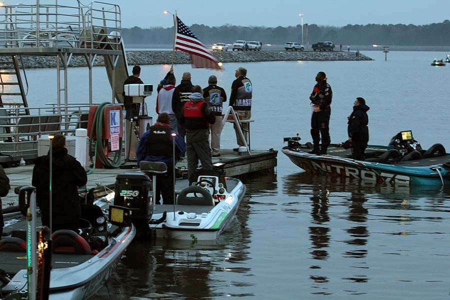 <p>Kendall Newson is boat number one for the first day of competition. First, the day begins the same way alll B.A.S.S. events doâ with the playing of the National Anthem. </p>
