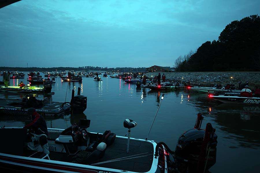 <p>The boats begin gathering in the basin within Madison Landing on Ross Barnett Reservoir in Ridgeland, Miss for the Bass Pro Shops Central Open #1 presented by Allstate. </p>
