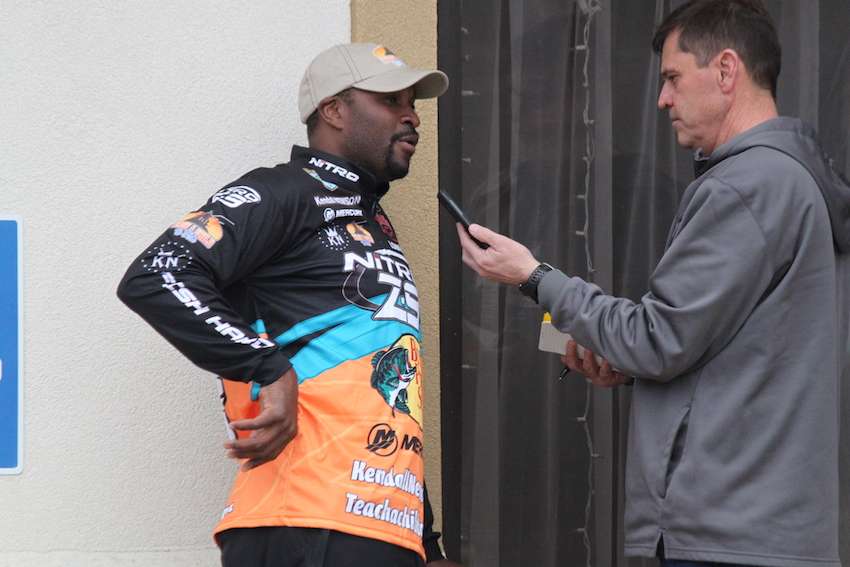 Former Miami Dolphins player Kendall Newson chats with Craig Lamb for an upcoming story on Bassmaster.com. 