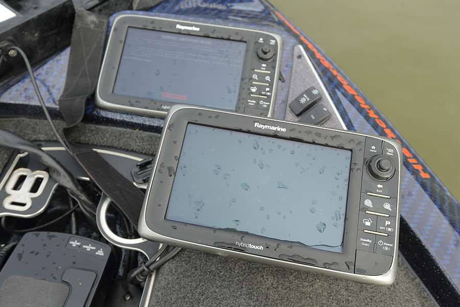 On his front deck, Zaldain uses two Raymarine E97 units networked together with down vision and side vision capabilities. 