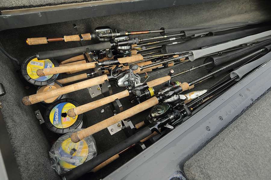 In his left rod locker, Zaldain carries his Megabass rods, mainly Orochi XX with a few Black Jungle Rods and some Tomahawk GTAs.