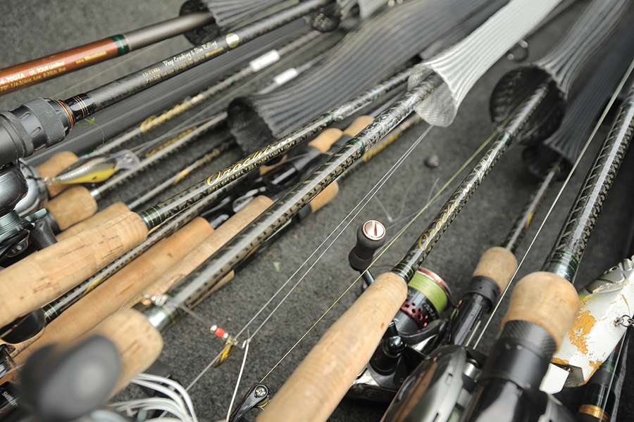 Zaldain carries a little bit of everything - swim bait rods, flipping sticks and three spinning rods as well as nine other baitcasting setups. 