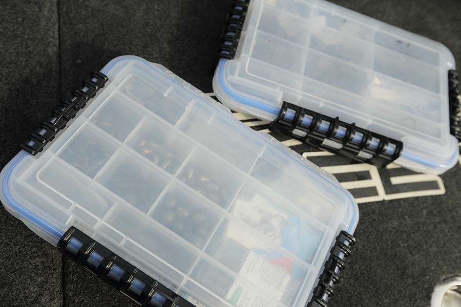 Zaldain uses boxes with three latches for a water-tight seal to keep certain important tackle from getting wet.