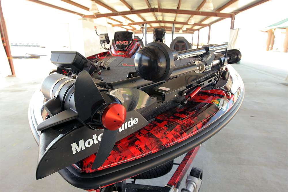 On his 109-pound thrust MotorGuide Tour is a noise dampener in KVD's anodized red. If you'll notice on the side of the bracket, there's a red piston that's a lift assist to make deploying the motor easier and stowing it a less jarring experience. That bulbous number on the shaft is the transducer for Humminbird's 360 sonar.