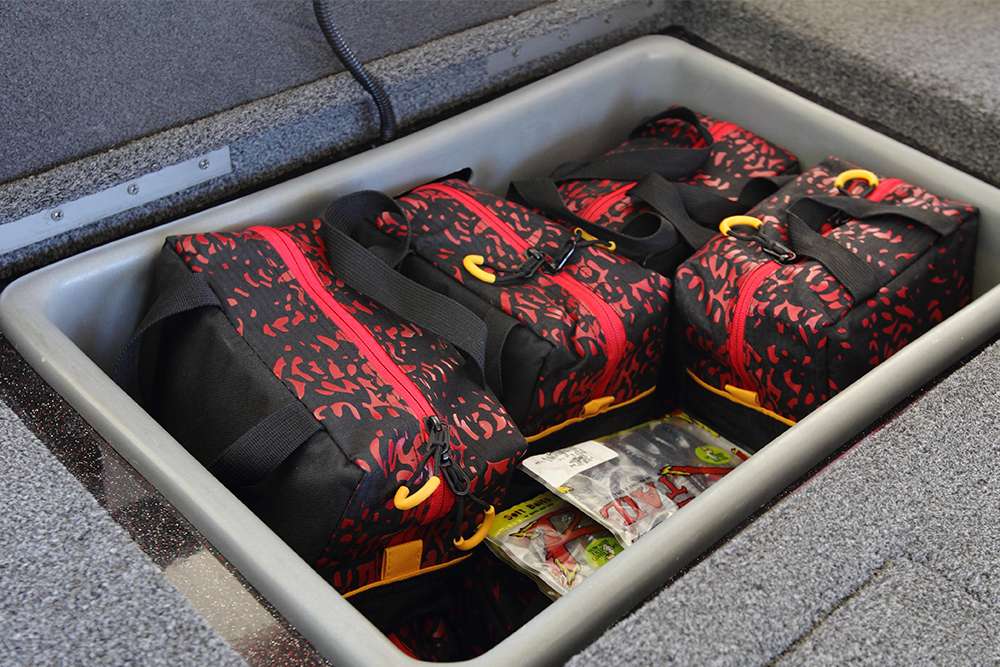 VanDam keeps his soft plastics in the compartment behind the driver's seat. Prepare to be amazed at how many soft plastics he keeps in these Plano Speed Bags.
