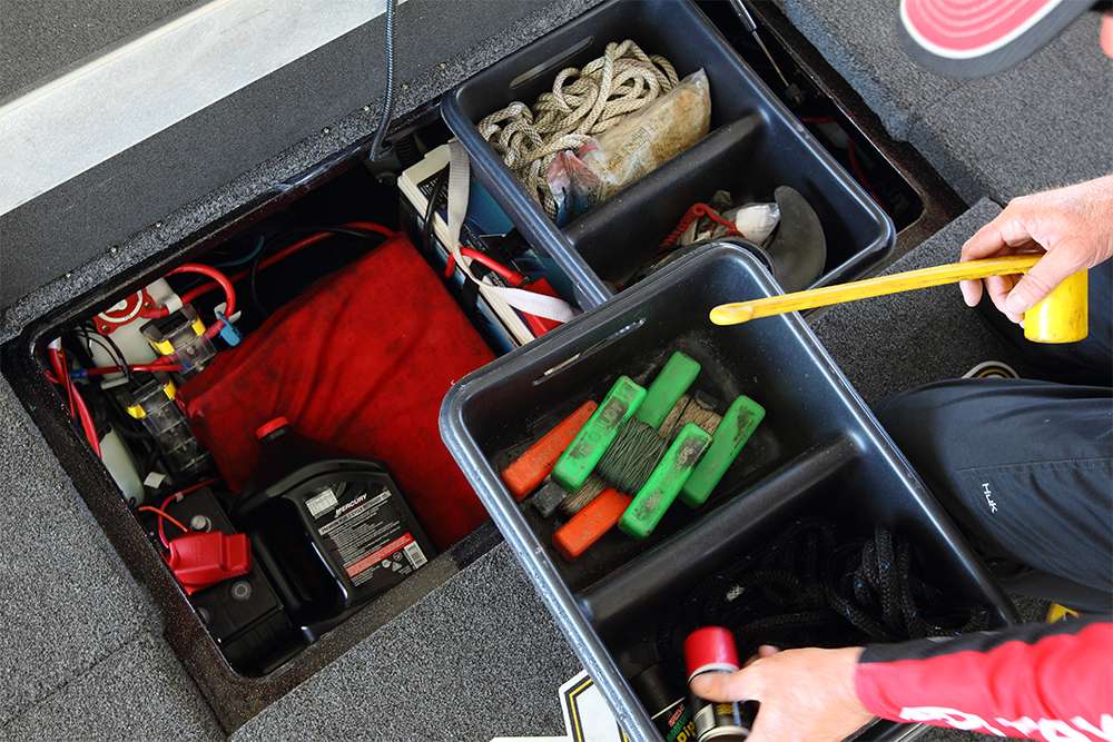 Two storage trays reside in the battery box. VanDam keeps marker buoys, a tow rope, and extra kill switch and garlic scent in here. Again, it's all stuff that you'd hate to be without.