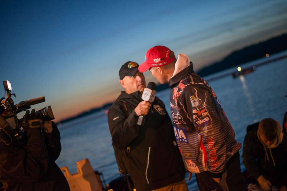 The hardest working man in professional fishing, Dave Mercer, was out before dawn knocking out interviews with Elite anglers.