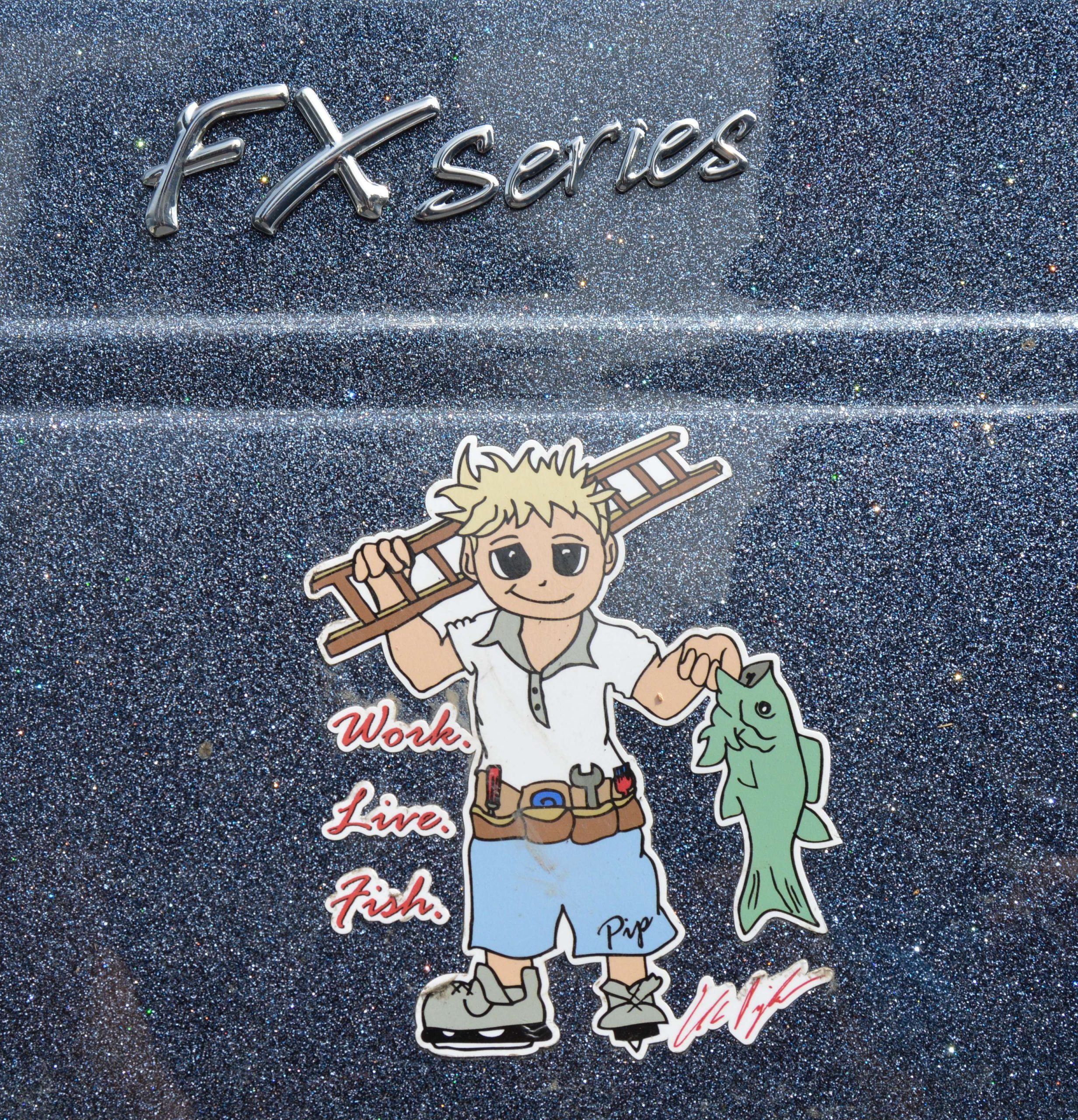 His boat has this decal, an avatar of Pipkens that shows off some of the major parts of his life: bass fishing, obviously; a ladder and tool belt to represent his house painting business back home in Michigan; and ice skates because he's an ice hockey referee on the side.