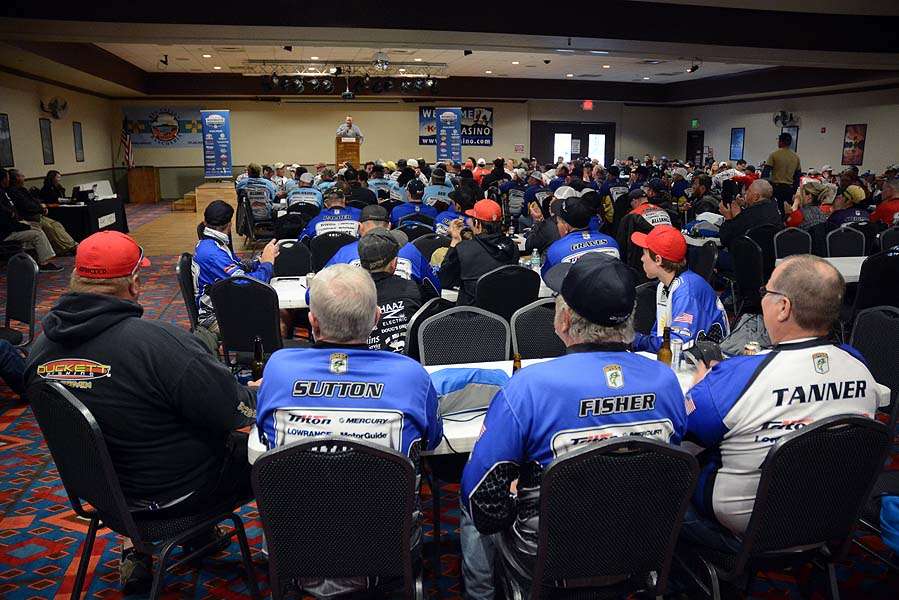 The banquet room is full as the rules of the tournament are explained to the anglers. 