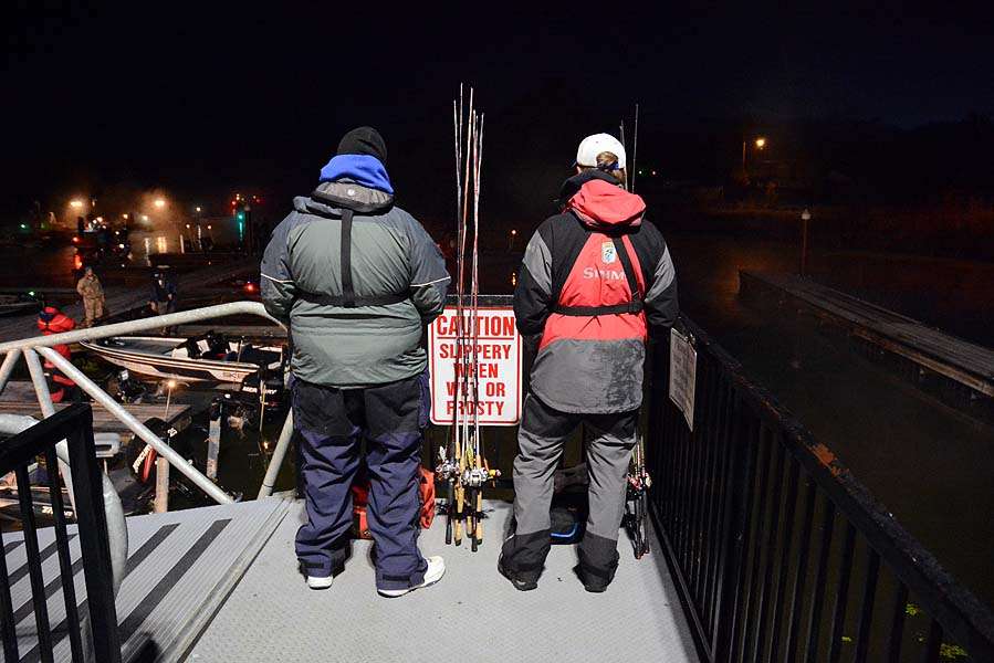 These co-anglers await their boater partners to start the day of competition on Clear Lake. 