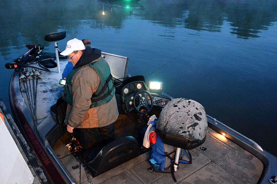 Frost blankets the deck of this boat as the anglers prepare for the day. 