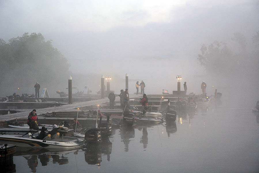 The fog covers the boat basin just minutes before the official takeoff time at 6:30 a.m.