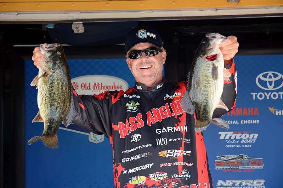 Mark Lasagne is all smiles after catching just 4 bass weighing 19-4. Heâs second place on the California team and sixth-place overall. 
