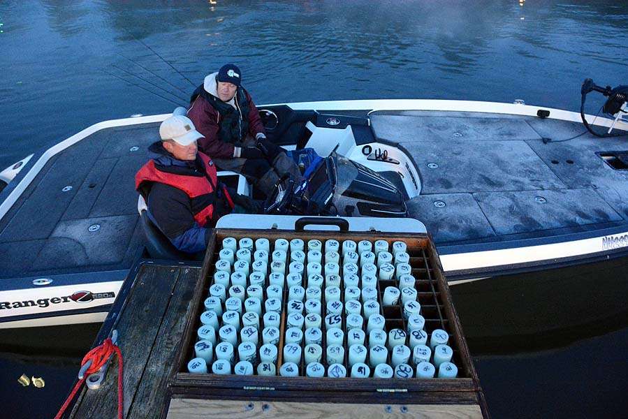 A full box of boat fobs indicates the day of fishing is about to begin on Clear Lake. 