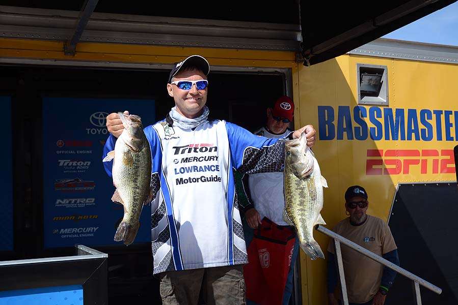Tournament leader Brent Shores with his best bass of the day. 
