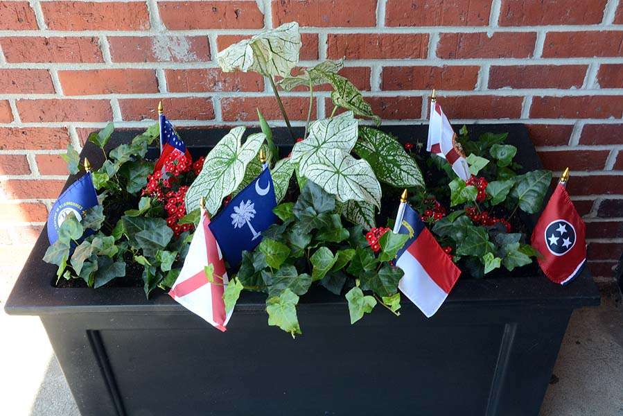 Even the planters are decorated with miniature flags, courtesy of the hosts. 