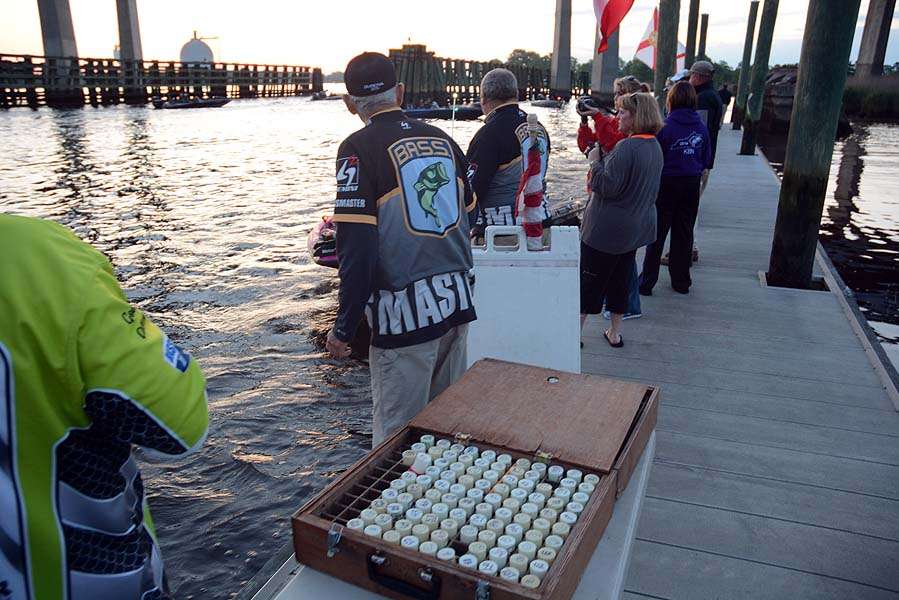 Anglers pick up a floating key fob with their boat number as they pass through the line. 