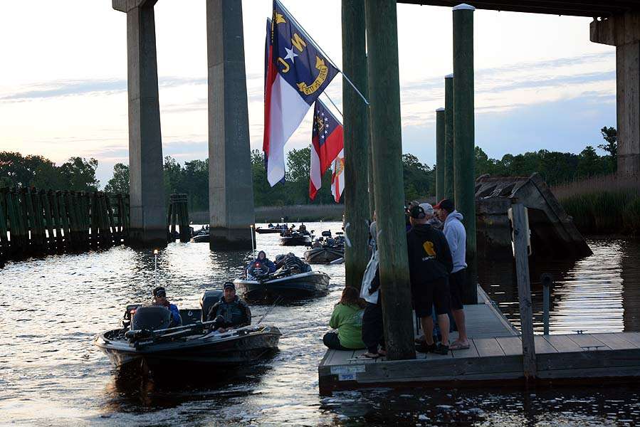 The final flight of boats passes through the safety check line. The anglers can fish the Santee, Black, Pee Dee, Little Pee Dee and Waccamaw rivers. 