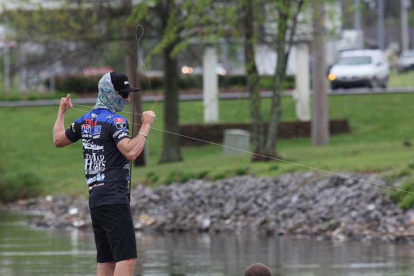 After hanging his jig in the rocks, Jocumsen pulls his line back...