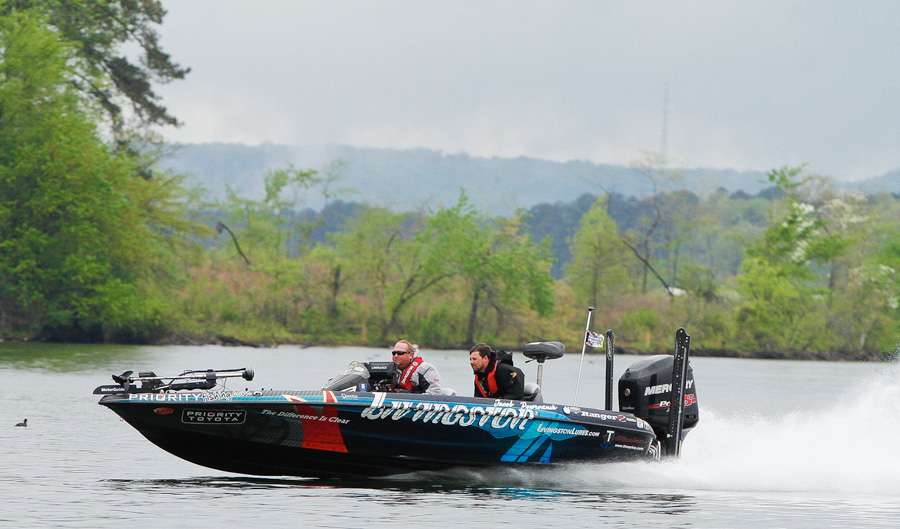 Jacob Powroznik speeds towards his next fishing location. Powroznik started the morning in 14th place with 22 pounds, 4 ounces. 