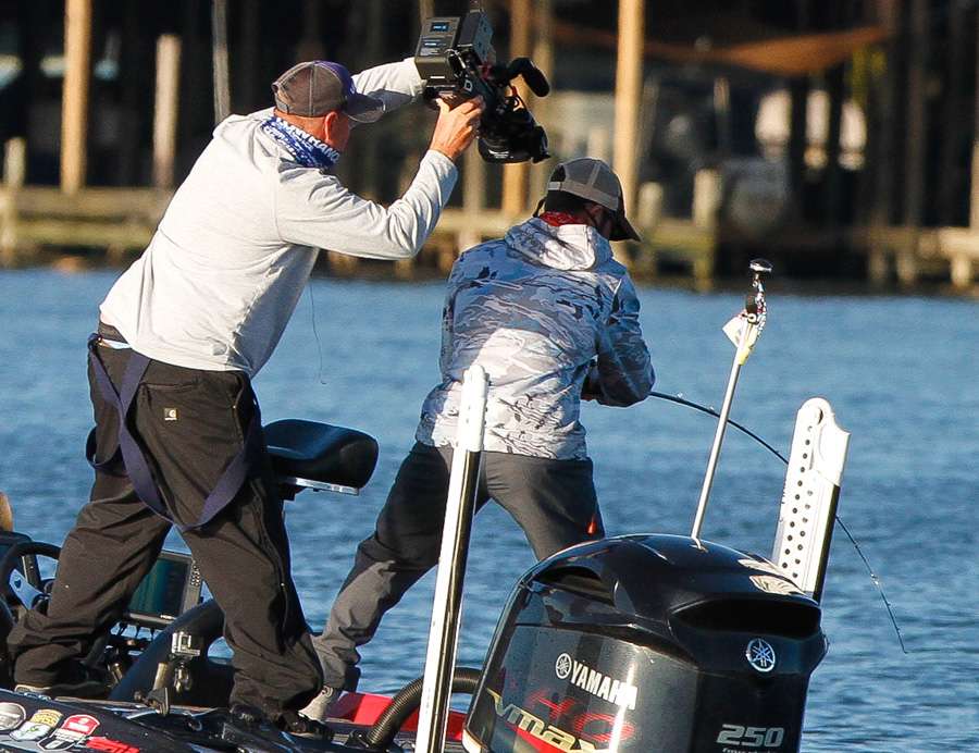 Cameraman Rick Mason goes into action to record the fish catch for Bassmaster television. The fish catch could also be viewed live on Bassmaster.com. 
