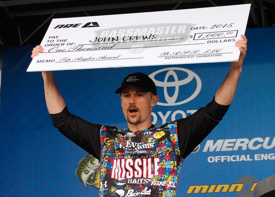John Crews receives his Top Angler award from the first Bassmaster Elite Series event of 2015.