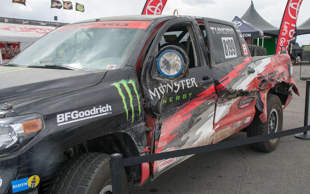 Toyota is displaying this truck that looks like it went through a war zone.