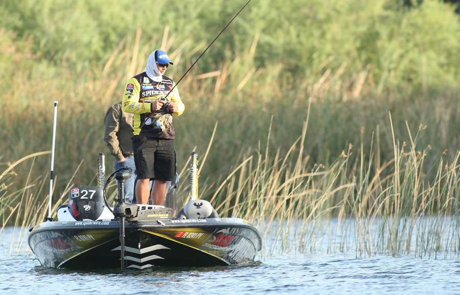 Bobby Lane started Day 1 of the Bassmaster Elite at Lake Havasu presented by Dick Cepek Tires & Wheels up the Colorado River.