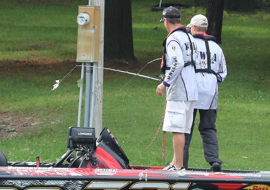 Broda hooks up on a buzzbait as he and Evers move on to the âfishing in peopleâs yardsâ pattern.